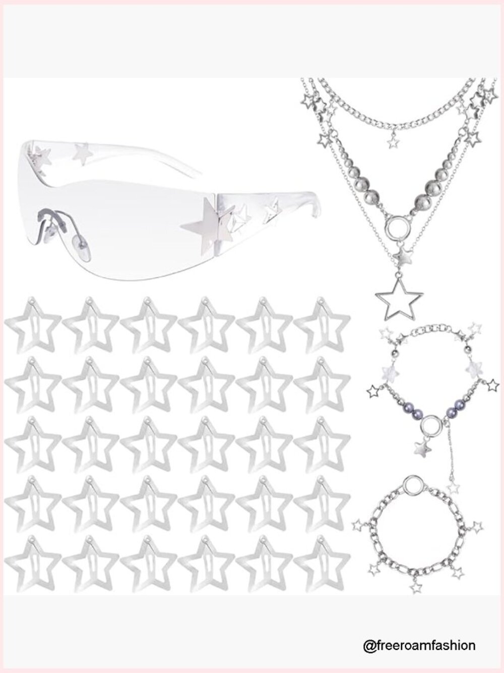 36-Pc Y2K Star Accessory Set with Necklaces, Bracelets, Sunglasses, Hair Clips
